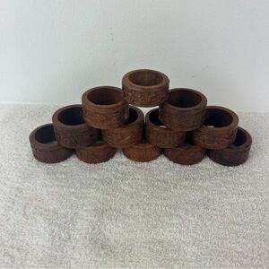 VTG Carved Boho Design Wood Napkin Rings Holder - 2 unique designed sets of 6
